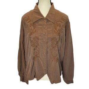 Vintage TESS Women's 100% Silk Embroidered Blouse 18W Button Down Floral Cottage